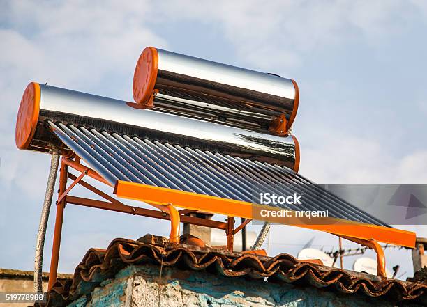 Sun Water Heating System Stock Photo - Download Image Now - Solar Energy, Solar Power Station, Sun