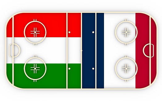 Hungary  vs France. Ice hockey competition 2016. National flags on playground. 3D rendering
