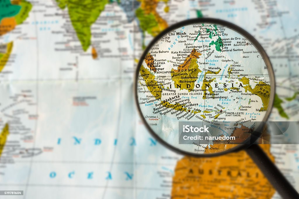 Map of Indonesia Map of Indonesia through magnifying glass Indonesia Stock Photo
