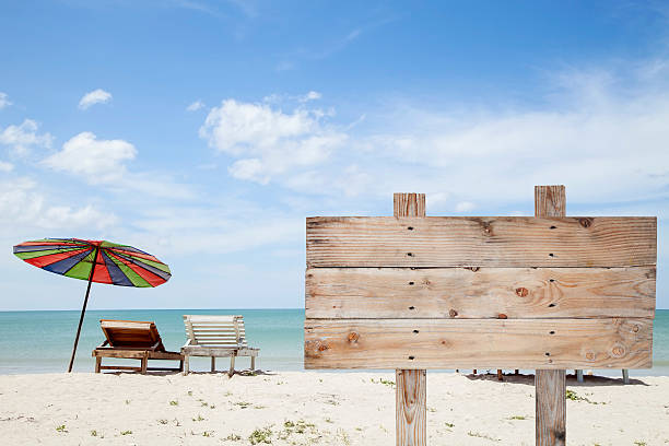 istock wooden signboard on blue sky , tropical beach for summer 519784430