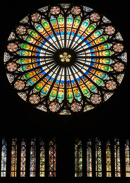 Strasbourg, France - May 13, 2024: A stunning close-up of the colorful rose window at Cathédrale Notre-Dame-de-Strasbourg