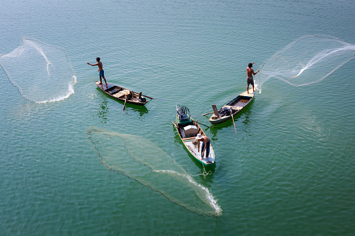 Tri An Lake, Dong Nai Province, Vietnam -  March 6, 2016 : casting a net to catch fish on Tri An Lake. This is the daily work of people from fishing village lakeside