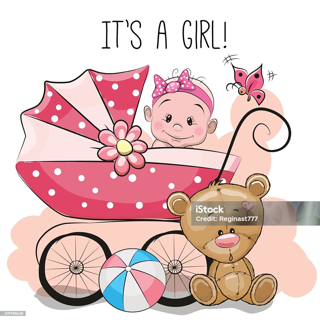 Greeting card it's a girl Greeting card it's a girl with baby carriage and teddy bear Animal stock vector