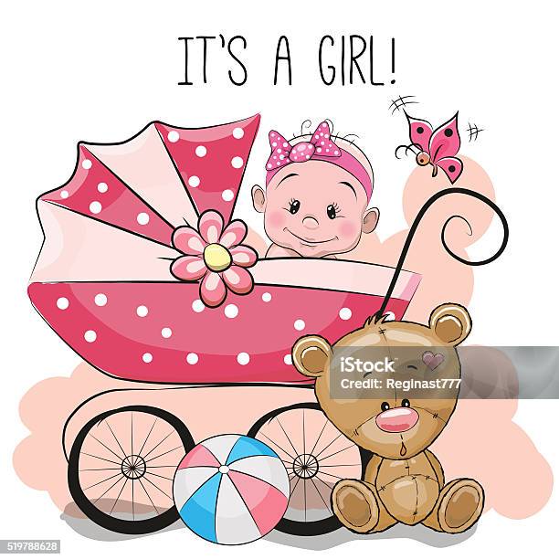 Greeting Card Its A Girl Stock Illustration - Download Image Now - Animal, Baby - Human Age, Banner - Sign