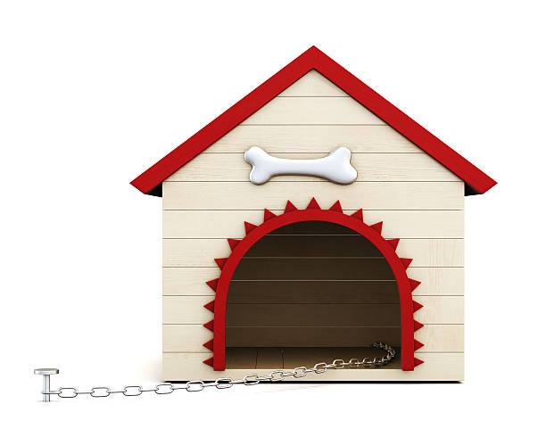 Dog house with chain isolated on white background. Front view. 3d rendering.