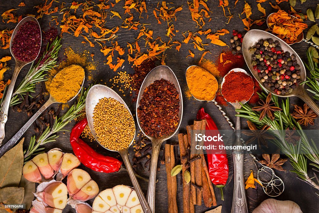 Set of various aromatic colorful spices Set of various aromatic colorful spices in old vintage spoons and herbs on a dark wooden background. Ingredients for cooking. Top view Ayurveda Stock Photo