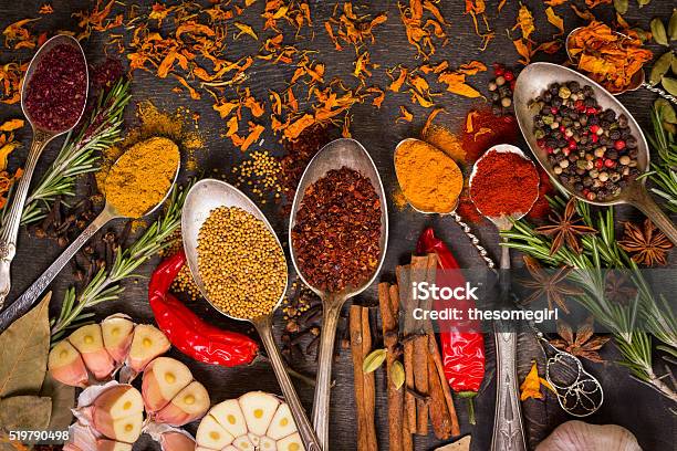 Set Of Various Aromatic Colorful Spices Stock Photo - Download Image Now - Ayurveda, Backgrounds, Cardamom