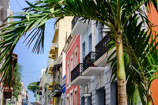 Colorful house  facades along a street in Old San Juan, Puerto Rico.