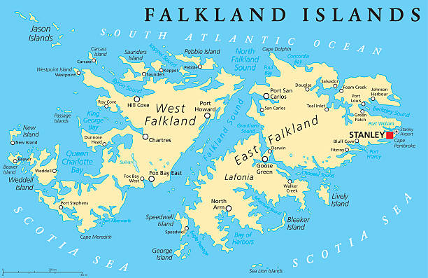 Falkland Island Political Map Falkland Islands, also Malvinas, political map with capital Stanley, administered under United Kingdom, claimed by Argentina. English labeling and scaling. Illustration. falkland islands stock illustrations
