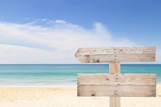 istock wooden signboard on blue sky and on tropical beach 519793794