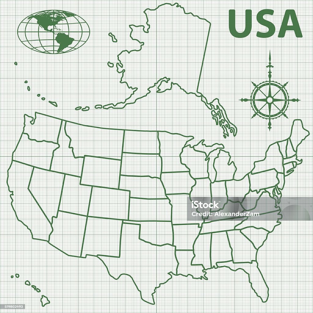 Contour map of USA Contour map of the USA, globe and windrose on grid pattern  Alaska - US State stock vector