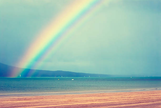 Milford beach panorama Milford beach with a rainbow rangitoto island stock pictures, royalty-free photos & images