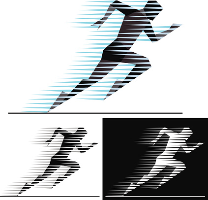 Silhouettes of running athletes with speed motion trails - geometric style.