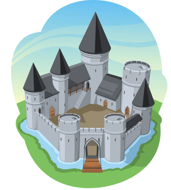 illustrazioni stock, clip art, cartoni animati e icone di tendenza di forte castello di muro di recinzione pietra - fosso