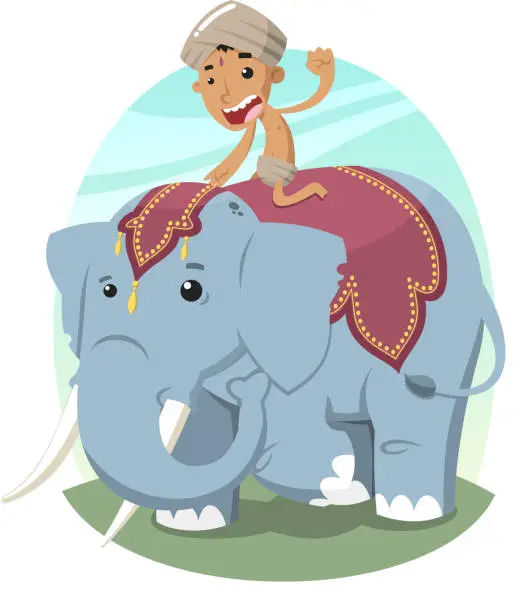 Vector illustration of Indian Boy with Turban Riding an Elephant