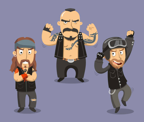 ilustrações, clipart, desenhos animados e ícones de motocicleta ciclistas membros do club - biker macho men rough