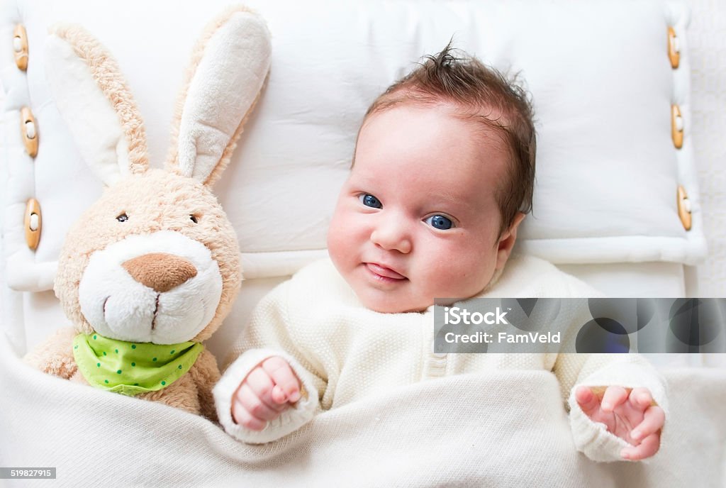 Baby with toy bunny Sweet little baby girl with a toy bunny in bed Baby - Human Age Stock Photo