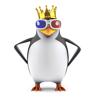 3d render of a penguin in 3d glasses wearing a gold crown