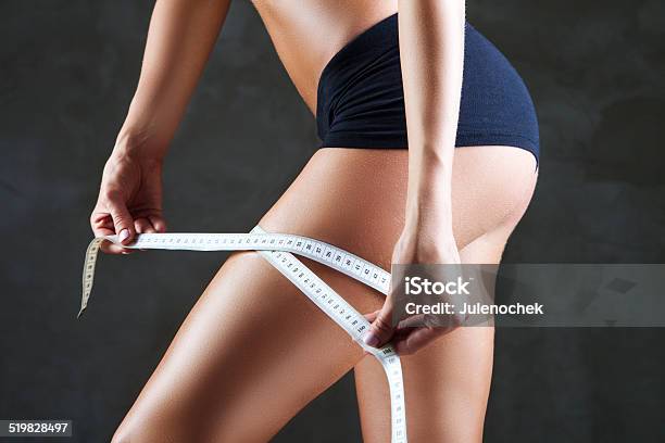 Slimming Woman Measuring Thigh With Tape Stock Photo - Download Image Now - Adult, Cellulite, Dieting