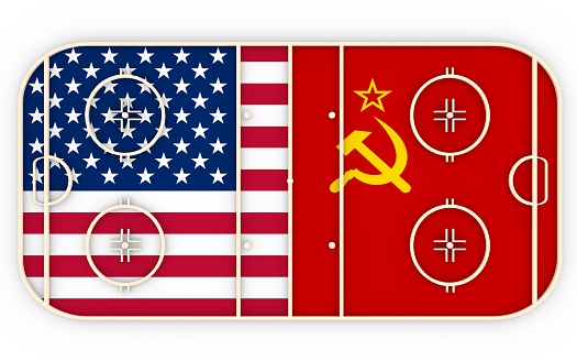 USA vs USSR. Ice hockey history competition. National flags on playground. 3D rendering