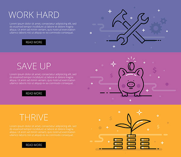 Financial literacy line vector web banners set Work hard. Save Up. Thrive. Web banners vector set. Hammer and wrench, cogs, piggy bank, money pile and money sprout. Design set of graphic outline banners illustration financial literacy vector stock illustrations