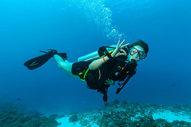 istock Female scuba diver underwater showing ok signal 519830232