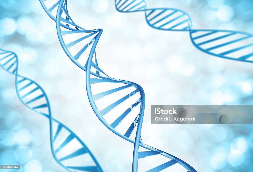 Genetic strands of DNA molecules magnified Microscopic view of twisted DNA strings rendered in 3D. Blue Stock Photo