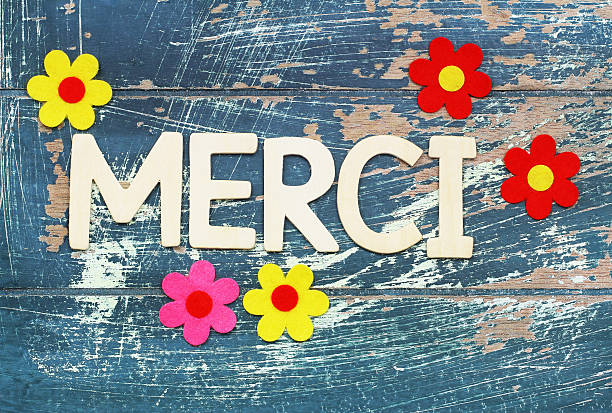 istock Merci (thank you in French) written with wooden letters, flowers 519831054