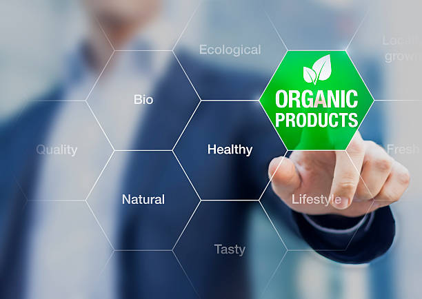 istock Organic products concept, businessman touching green button 519831480