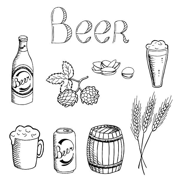 bier-set kunst schwarz/weiß isoliert vektor-illustration - beer nuts food isolated white stock-grafiken, -clipart, -cartoons und -symbole