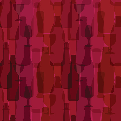 Seamless dark pink background with bottles and glasses