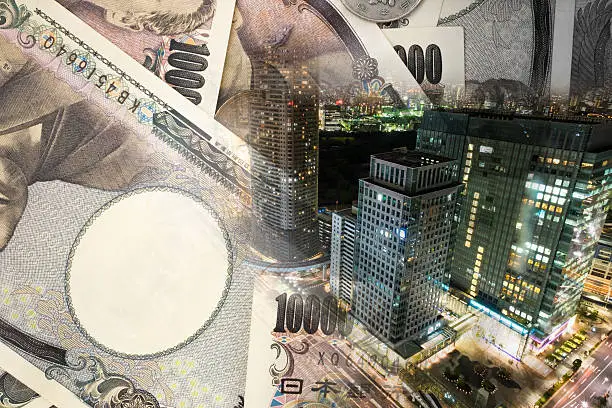 Double exposure of TOKYO CITY , note bank , yen note, japan money concept