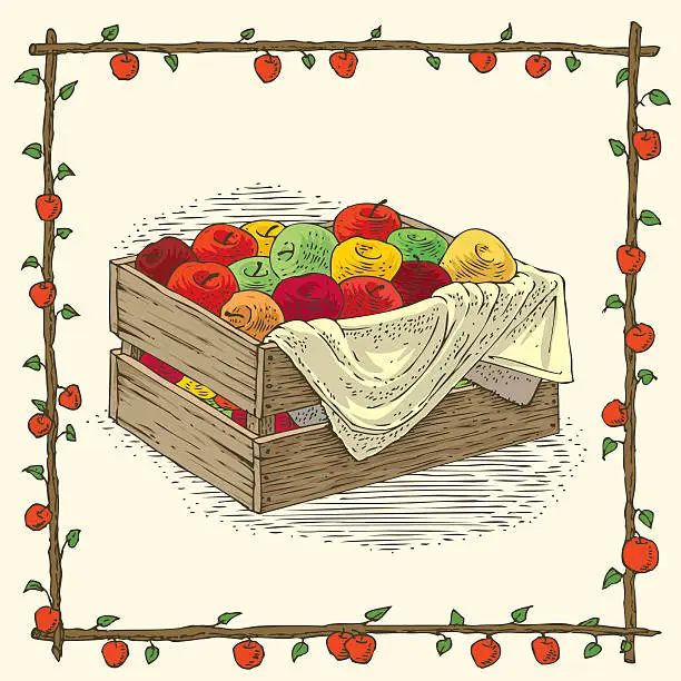 Vector illustration of Wooden Box with Ripe Apples