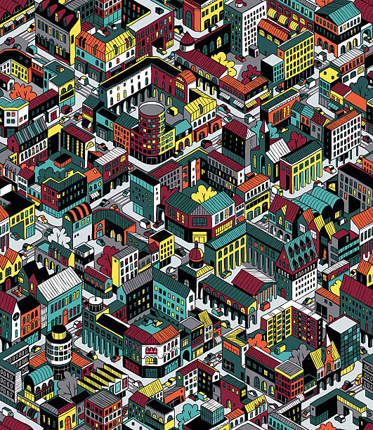 Colorful City Blocks Isometric Seamless Pattern - Medium size vector art illustration