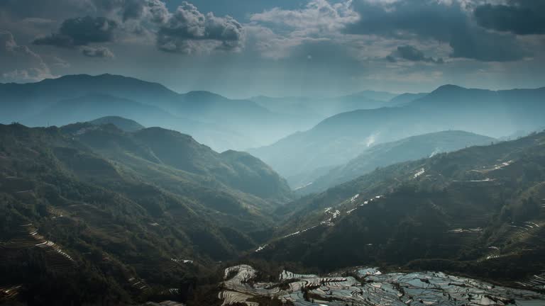 Landscapes on mountain and rice terrace with ray light in China