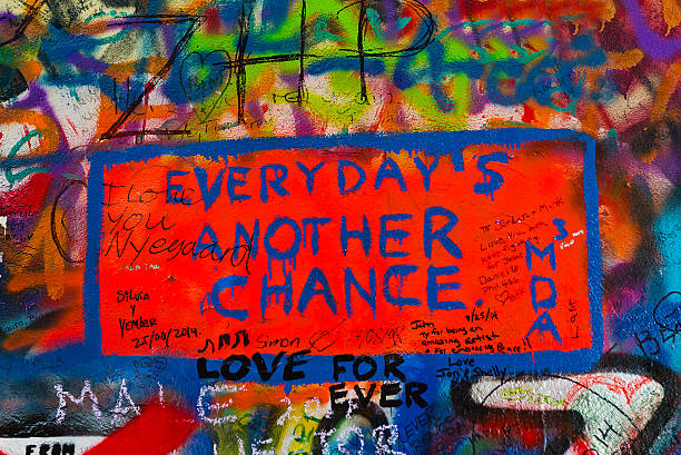 Prague, Czech Republic - September 11, 2014: Detail from Famous John Lennon Wall on Kampa Island in Prague is filled with Beatles inspired graffiti and pieces of lyrics since the 1980s. Graffities are drawn on daily basis.