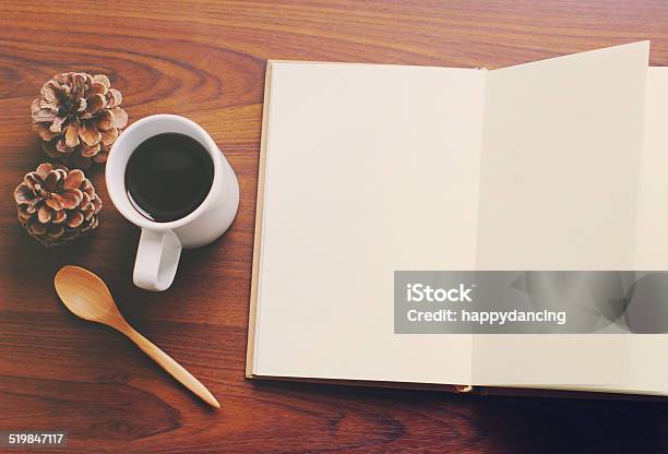 Blank Notebook And Coffee With Retro Filter Effect Stock Photo - Download Image Now - Autumn, Blank, Book