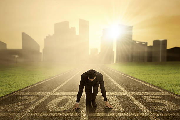 istock Businessman kneeling on track 519849129