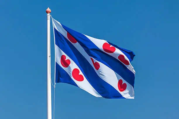 Photo of Dutch Frisian flag against a clear blue sky