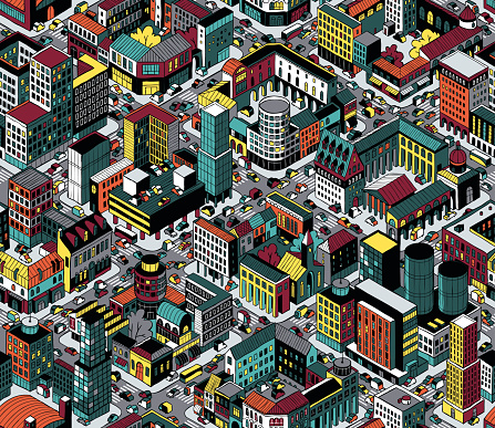 Colorful City Blocks Isometric Seamless Pattern (Medium) is hand drawing with perimeter blocks, courtyards, streets and traffic. Illustration eps8 vector; pattern repetitive; colors on separate layer.