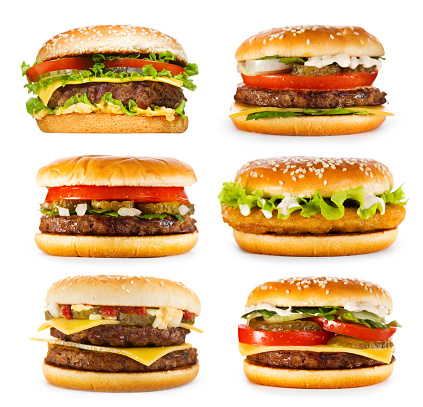 set of various hamburgers isolated on white background