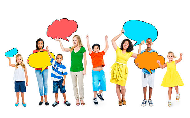 istock Happy Multiethnic Group of People Holding Speech Bubbles 519862239