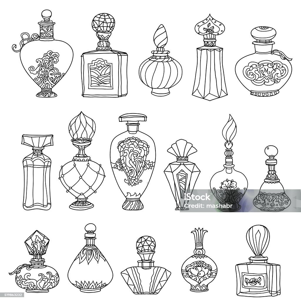 Black and white fantasy vintage perfumes fantasy vintage perfumes. mandala Pattern for adult coloring bookcoloring book for adults in vector. Doodles. Black and white. Colouring book style. For adult coloring book. Adult stock vector