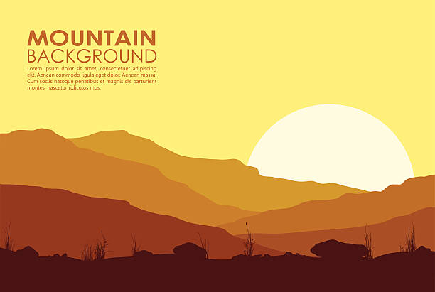 Sunset in the Mountains Yellow sunset in mountains. Vector illustration of huge mountain range. desert area stock illustrations
