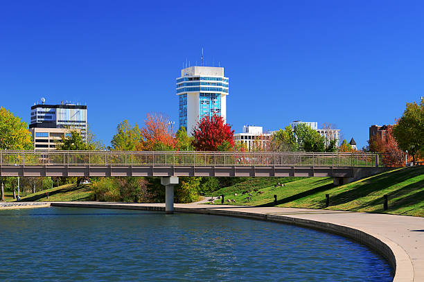 Wichita skyline and waterway Downtown Wichita skyline with a waterway and park in the foreground. wichita photos stock pictures, royalty-free photos & images
