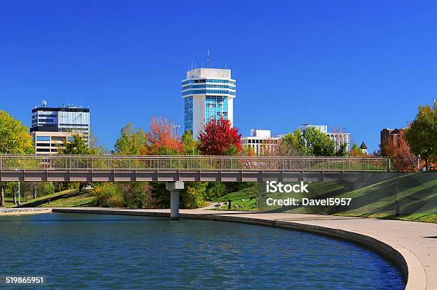 Wichita Skyline And Waterway Stock Photo - Download Image Now - Kansas, Wichita, Urban Skyline