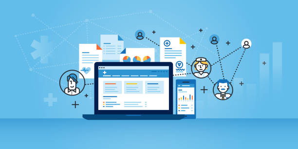 Flat line design website banner of health plan management solutions Flat line design website banner of health plan management solutions. Modern vector illustration for web design, marketing and print material. medical marketing stock illustrations