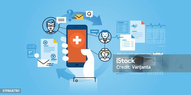 Flat Line Design Website Banner Of Healthcare Mobile App Stock Illustration - Download Image Now