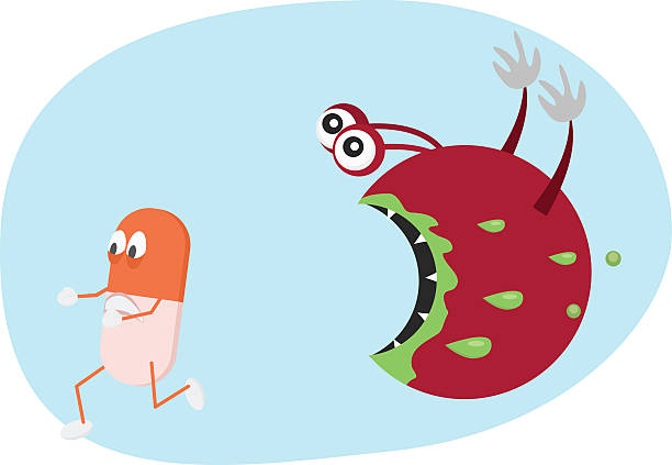 ilustrações, clipart, desenhos animados e ícones de pílula corrida de bactérias. ilustração dos desenhos animados de resistência aos antibióticos. - staphylococcus aureus resistente à meticilina