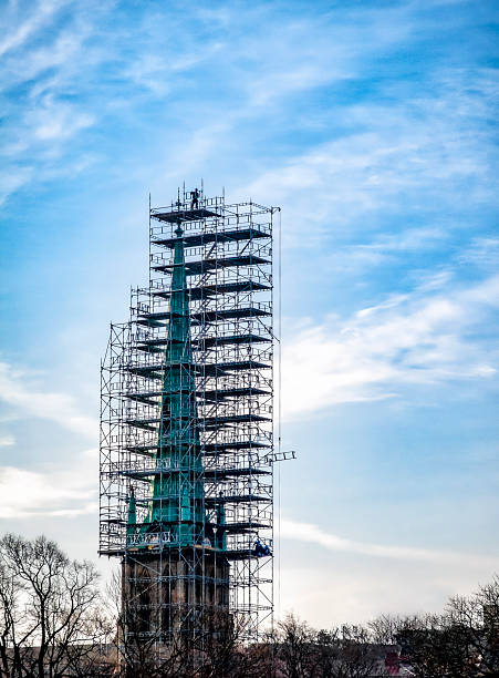 Church surrounded by scaffolding during restoration